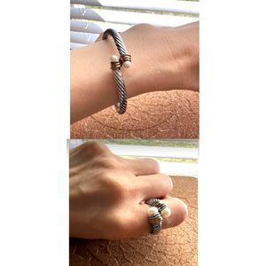 Open Bangle and Ring set, pearl on twisted antique silver design